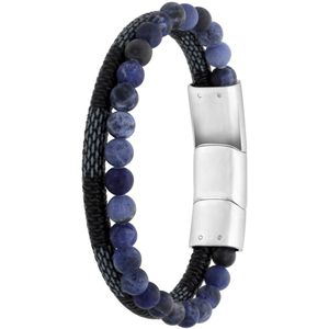 Stalen herenarmband leer en steen blauw