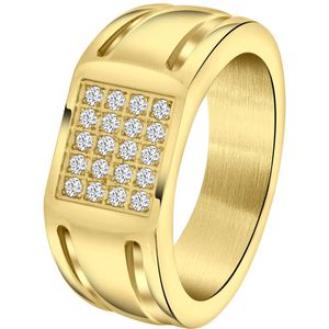 Lucardi Heren Goldplated Zegelring met Zirkonia - Ring - Cadeau - Staal - Goudkleurig