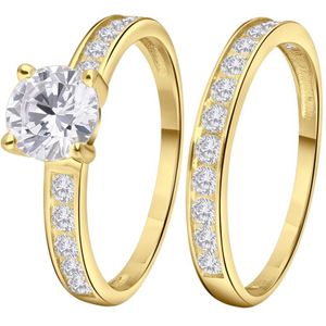 Lucardi - Dubbele Ring - Zirkonia - Goudkleurig - Echt Zilver