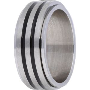 Lucardi Heren Stalen anxiety ring met zwarte strepen - Ring - Staal - Zilverkleurig - 21 / 66 mm
