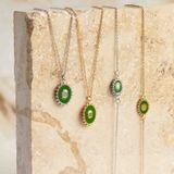 Lucardi Dames Stalen goldplated ketting met groene ovale munt - Ketting - Staal - Goudkleurig - 45 cm