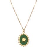 Lucardi Dames Stalen goldplated ketting met groene ovale munt - Ketting - Staal - Goudkleurig - 45 cm