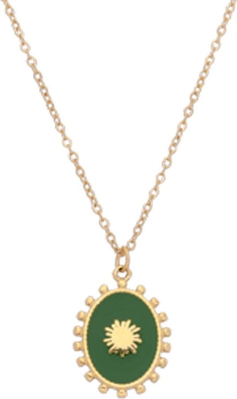 Lucardi Dames Stalen goldplated ketting met groene ovale munt - Ketting - Staal - Goudkleurig - 45 cm