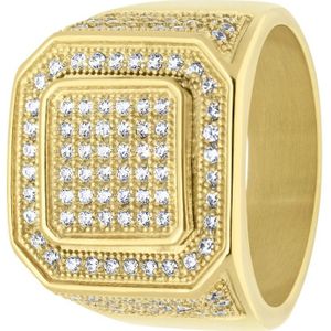 Lucardi Heren Gerecycled stalen goldplated heren ring met zirkonia - Ring - Staal - Goudkleurig - 21 / 66 mm