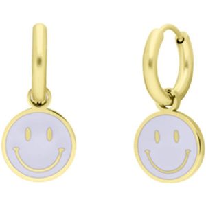Lucardi Kinder Stalen Goldplated Oorbellen met Smiley Wit - Oorbellen - Staal - Goudkleurig