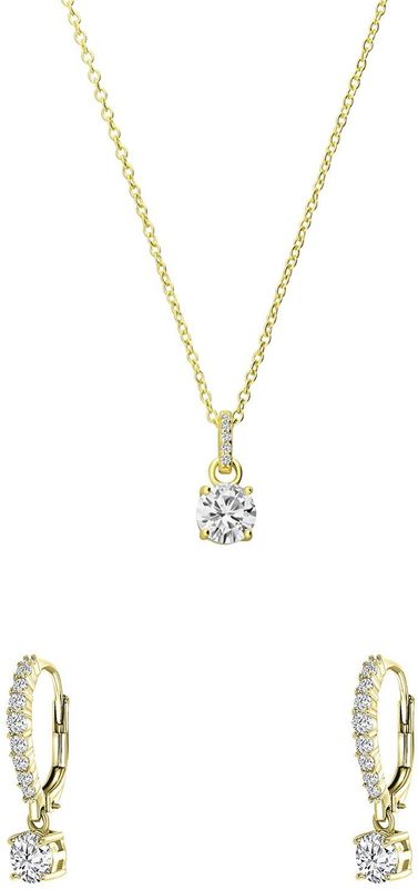 Lucardi - Dames Zilveren goldplated sieradenset ketting en oorringen zirkonia - Cadeau voor vrouwen Set - 925 Zilver - Goudkleurig