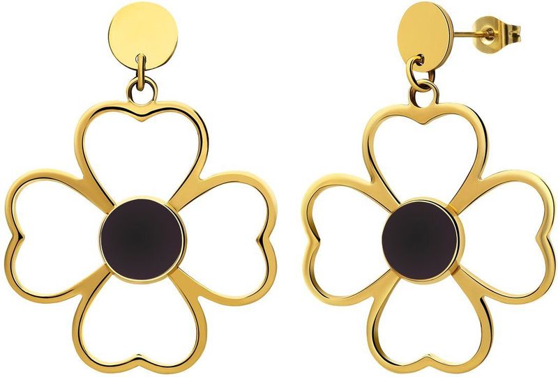 Lucardi - Oorbellen Bloem Open Bewerkt Zwart - Oorbellen - Staal - Goudkleurig