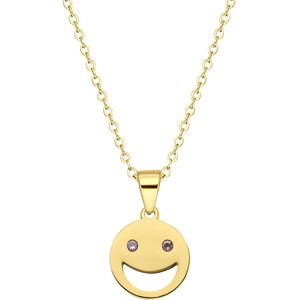 LivLiv stalen goldplated ketting smiley met roze zirkonia voor dames