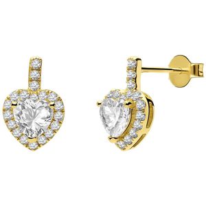 Lucardi Dames Zilveren goldplated oorknoppen hart zirkonia - Oorbellen - 925 Zilver - Goudkleurig