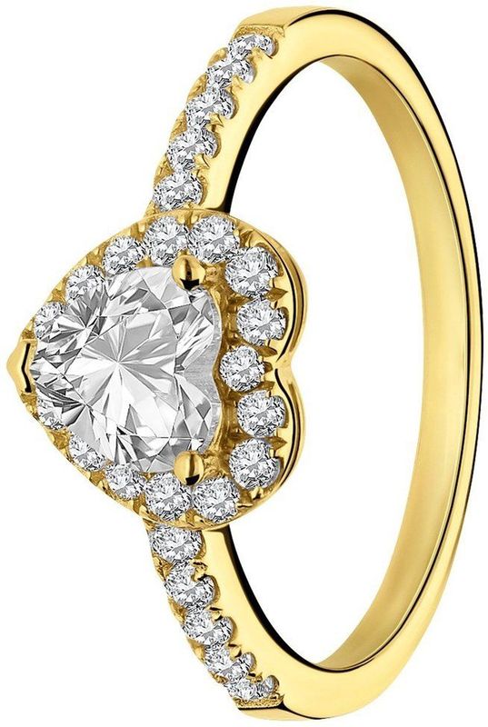 Lucardi - Zilveren Goldplated Ring Hart met Zirkonia - Ring - 925 Zilver - Goudkleurig