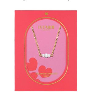 Lucardi - Dames Stalen Goldplated Ketting met Parels - Ketting - Goudkleurig - Staal