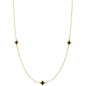 Lucardi Dames 14 karaat geelgouden collier met 3 onyx bloemen - Ketting - 14 Karaat Goud - Geelgoud - 45 cm