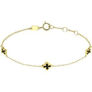 Lucardi Dames 14 Karaat geelgouden armband met 3 onyx bloemen - Armband - 14 Karaat Goud - Geelgoud - 19 cm
