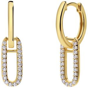 Lucardi - Oorbellen - Zilveren Goldplated Oorringen met Hanger Ovaal Zirkonia - 925 Zilver - Goud