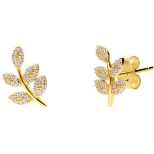 Lucardi Dames Zilveren goldplated oorknoppen blad zirkonia - Oorbellen - 925 Zilver - Goudkleurig
