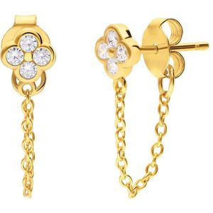 Lucardi Dames Zilveren goldplated oorknoppen klaver zirkonia - Oorbellen - 925 Zilver - Goudkleurig