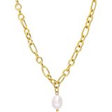 Lucardi - Stalen Goldplated Ketting met Parel - Ketting - Goudkleurig - Staal - 47 cm