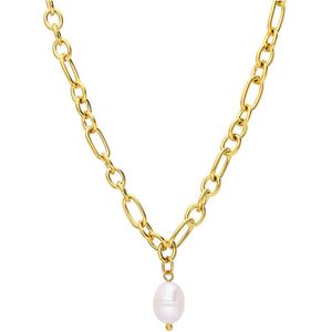 Lucardi - Stalen Goldplated Ketting met Parel - Ketting - Goudkleurig - Staal - 47 cm