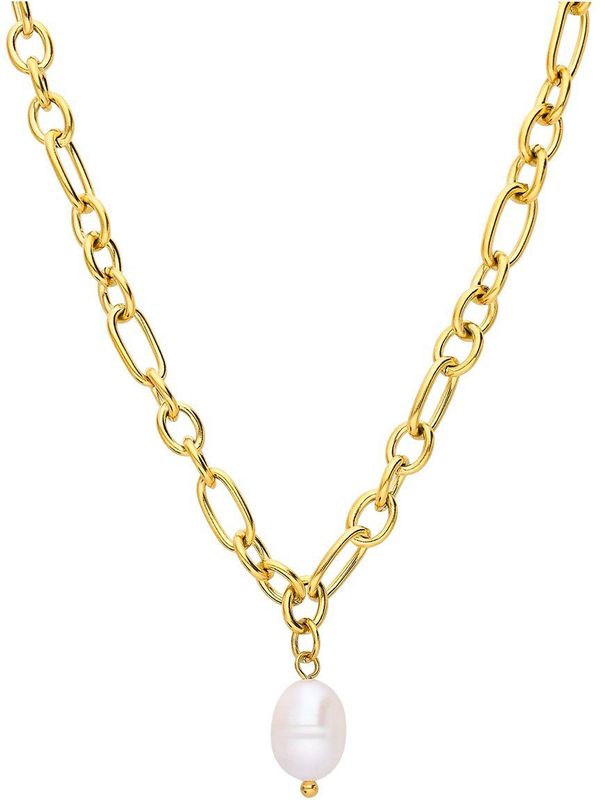 Lucardi - Stalen Goldplated Ketting met Parel - Ketting - Goudkleurig - Staal - 47 cm