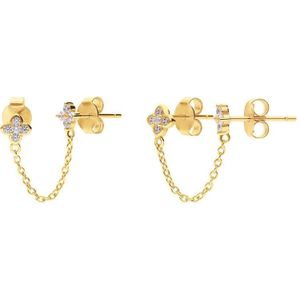 Lucardi Dames Zilveren goldplated oorknoppen dubbel klaver zirkonia - Oorbellen - 925 Zilver - Goudkleurig