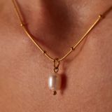 Lucardi - Dames Stalen Goldplated Ketting met Parel - Ketting - Goudkleurig - Staal