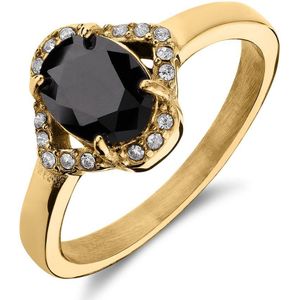 Lucardi Dames Stalen goldplated vintage ring met zwart zirkonia - Ring - Staal - Goudkleurig - 16 / 50 mm
