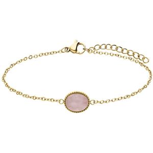 Stalen goldplated fantasiearmband met rozenkwarts voor dames