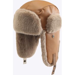 Originele Edmondo Sky Lederen Pilotenmuts - Russische Muts - Unisex Skimuts met Oorwarmer - gezichtsbescherming - Ushanka - Bontmuts - Heren en Dames Muts - BRUIN / KHAKI