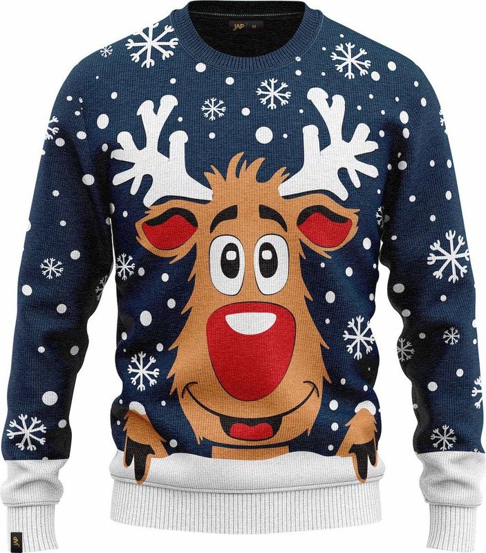 JAP - Rudolf het Rendier - Kersttrui - Donker Blauw - 100% Gerecycled