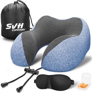 SVH Company Nekkussen - Ergonomisch Memory Foam Reiskussen - Inclusief Accessoires - Blauw
