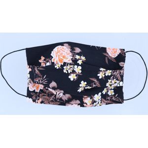 Mondkapje wasbaar van katoen - 2 laags met elastiek - Zwart - Bloemen