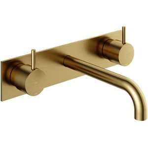 Hotbath Cobber CB006TEXT Afbouwdeel Wastafelkraan 3-gats Met Achterplaat - Uitloop 18 Cm - Geborsteld Messing PVD - Messing - Kranen - Wastafelkranen