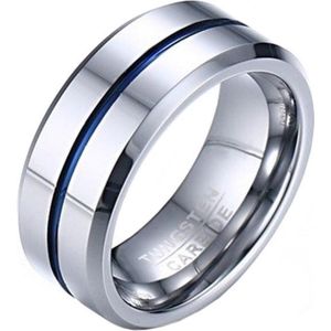 Wolfraam heren ring zilverkleurig met blauwe streep-18mm
