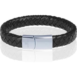 Memphis gevlochten leren armband Zwart Zilver-21cm