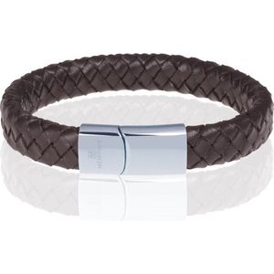 Memphis gevlochten leren armband Bruin Zilver-19cm