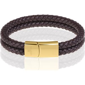 Memphis dubbele leren armband Donkerbruin Goud-19cm