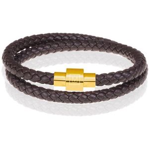 Memphis leren wrap armband Donkerbruin Goud-19cm