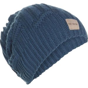 Knit Factory Bobby Gebreide Muts Heren & Dames - Sloppy Beanie hat - Petrol - Warme blauwe Wintermuts - Unisex - One Size