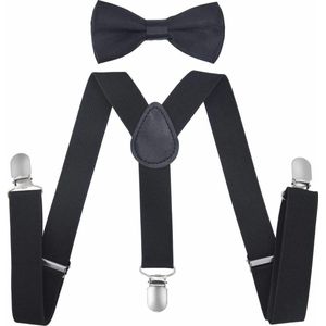 Fako Fashion® - Kinder Bretels Met Vlinderstrik - Kinderbretels - Vlinderdas - Strik - Effen - 65cm - Zwart