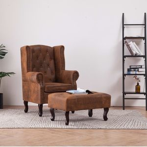 Fauteuil - Bruin - Kunstsuède - Inclusief Voetenbank