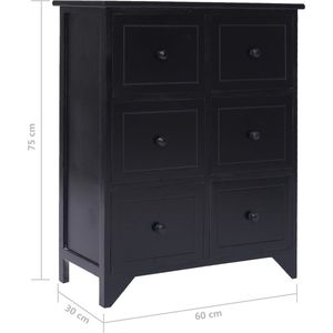 VidaXL Bijzetkast 6 Lades 60x30x75 cm Paulowniahout Zwart