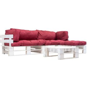 vidaXL - 4-delige - Loungeset - pallet - met - rode - kussens - hout