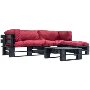 vidaXL 4-delige Loungeset pallet met rode kussens hout