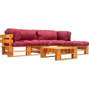 vidaXL - 4-delige - Loungeset - pallet - met - rode - kussens - hout