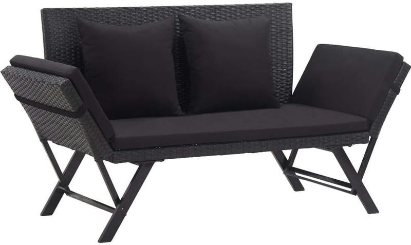 vidaXL Gartenbank mit Auflagen 176 cm Schwarz Poly Rattan
