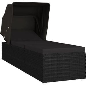 vidaXL - Ligbed - met - luifel - en - kussen - poly - rattan - zwart