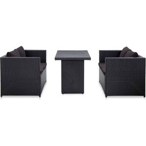 vidaXL 3-delige Loungeset met kussens poly rattan zwart