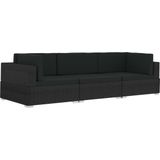 vidaXL 3-delige Loungeset met kussens poly rattan zwart