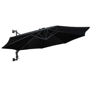 <p>Deze elegante muurparasol is de perfecte keuze om wat schaduw te creëren en jezelf te beschermen tegen de schadelijke uv-straling van de zon.</p>
<p>Het parasoldoek is gemaakt van uv-beschermend en anti-vervagend polyester waardoor het je optimale bescherming tegen de zon biedt en het gemakkelijk schoon te maken is.</p>
<p>Het exclusieve ontwerp van deze parasol stelt je in staat om de parasol te kantelen om zo de zon te blokkeren terwijl deze langzaam richting de horizon beweegt.</p>
<p>De sterke metalen paal, samen met de 8 duurzame baleinen, maakt de parasol zeer stabiel en duurzaam.</p>
<p>De tuinparasol kan eenvoudig geopend en gesloten worden dankzij het zwengelmechanisme.</p>
<p>Het product is eenvoudig te monteren.</p>
<p>De levering bevat montageaccessoires.</p>
<p>Let op, wij adviseren om het doek te behandelen met een waterdichtmakende spray als hij wordt blootgesteld aan zware regenval.</p>
<p>De hoogte van deze wandparasol hangt af van de hoogte van de muur.</p>
<ul>
  <li>Kleur: zwart</li>
  <li>Materiaal: stof en metaal</li>
  <li>Totale afmetingen: 300 x 131 cm (ø x H)</li>
  <li>Diameter buis: 48 mm</li>
  <li>Met zwengelsysteem</li>
  <li>Met 8 baleinen</li>
  <li>Levering bevat een wandbevestiging</li>
</ul>