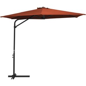 <p>Deze parasol is de perfecte keuze om schaduw te creëren en jezelf te beschermen tegen schadelijke uv-straling. Het parasoldoek is gemaakt van uv-beschermend en anti-vervagend polyester, waardoor het je optimaal tegen de zon beschermt en gemakkelijk schoon te maken is.</p>
<p>De parasol wordt geleverd met een stevige kruisvoet voor extra stabiliteit. De sterke stalen paal en de 6 duurzame baleinen maken de parasol zeer stabiel en duurzaam.</p>
<p>Met het zwengelmechanisme kan de tuinparasol eenvoudig geopend en gesloten worden. Het product is ook eenvoudig te monteren.</p>
<p>Let op, wij adviseren om het doek te behandelen met een waterdichtmakende spray als het wordt blootgesteld aan zware regenval.</p>
<ul>
  <li>Kleur: terracotta</li>
  <li>Materiaal: stof (100% polyester) en staal</li>
  <li>Totale afmetingen: 300 x 250 cm (ø x H)</li>
  <li>Afmetingen kruisvoet: 100 x 60 cm (L x B)</li>
  <li>Diameter paal: 42 cm</li>
  <li>Met luchtventilatie en zwengelmechanisme</li>
  <li>Met 6 baleinen</li>
  <li>Montage vereist</li>
</ul>